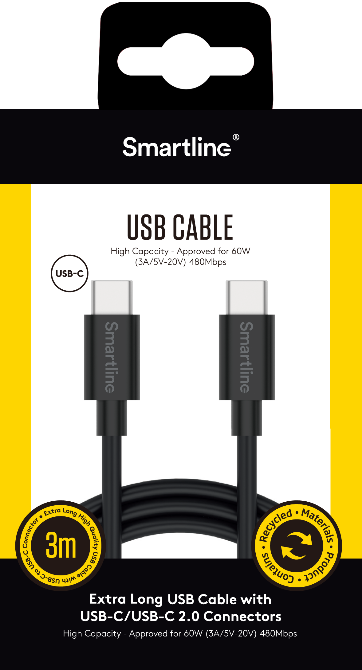 USB-kabel USB-C - USB-C 3m zwart