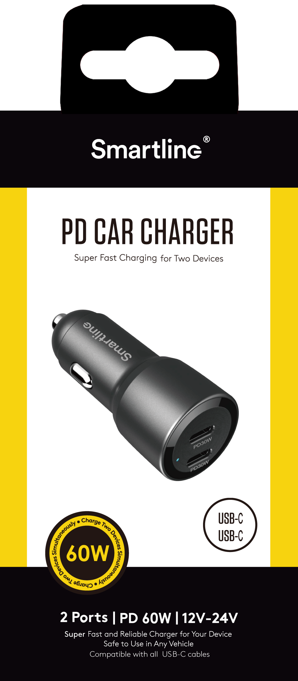 Autolader USB-C x2 60W PD zwart