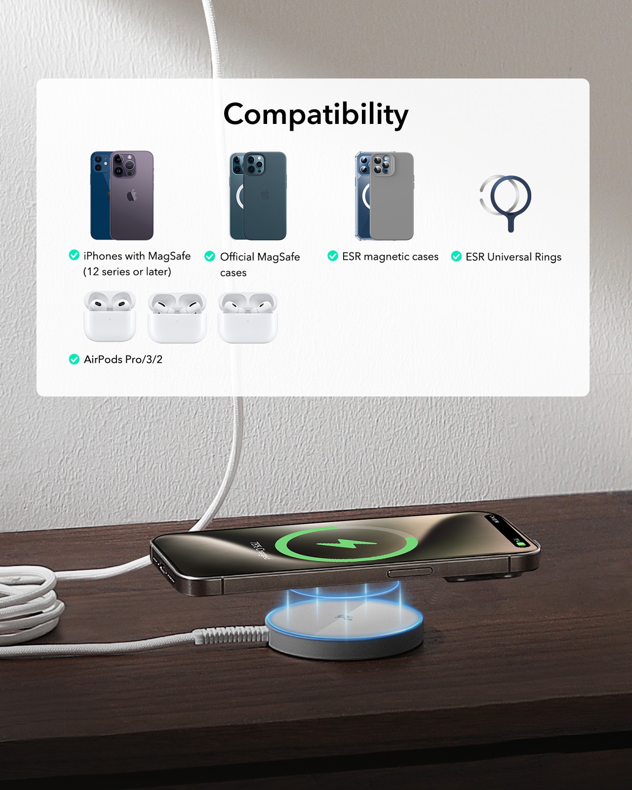 HaloLock Mini Qi2 MagSafe Magnetic Wireless Charger zilver