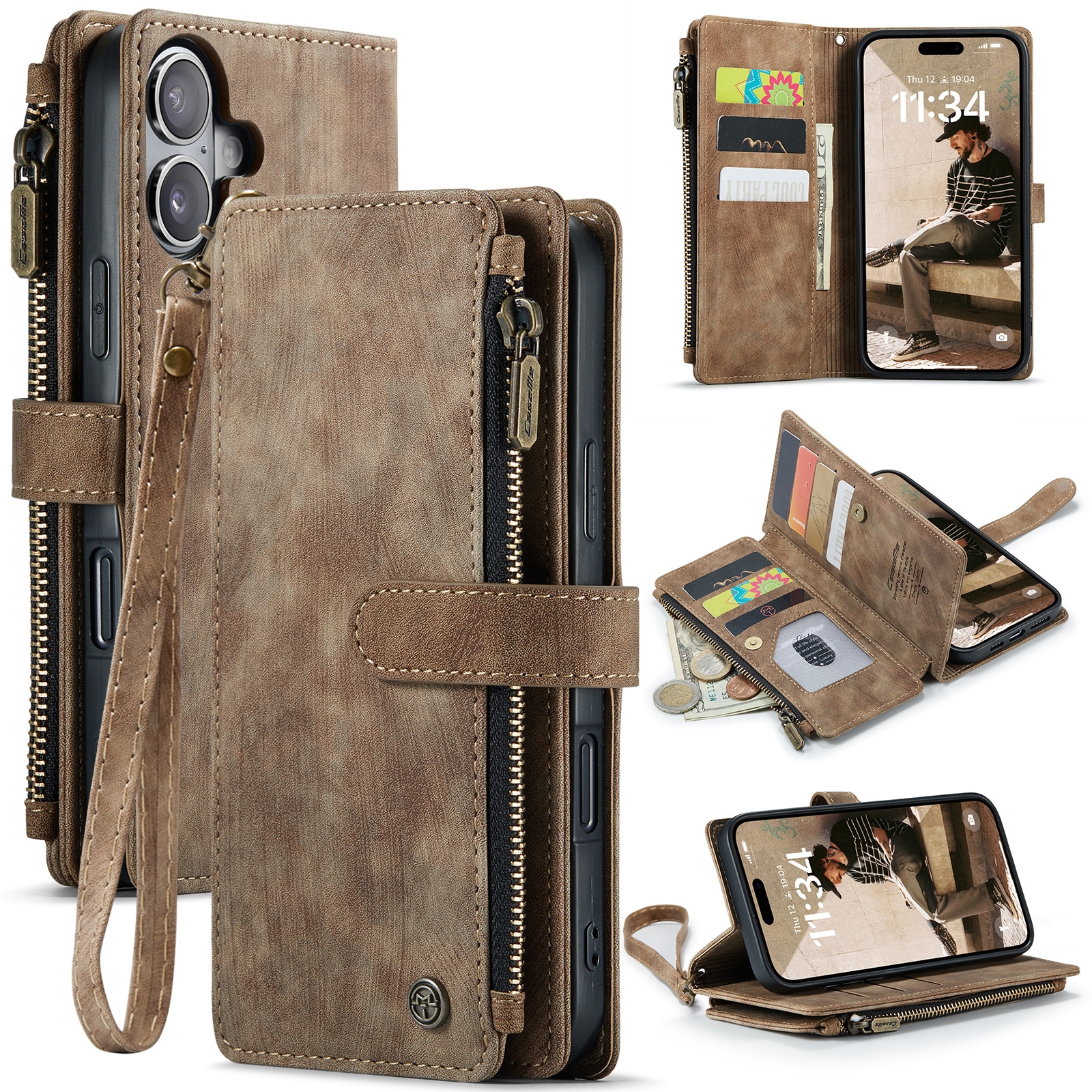 Bookcover hoesje Rits iPhone 16 Bruin