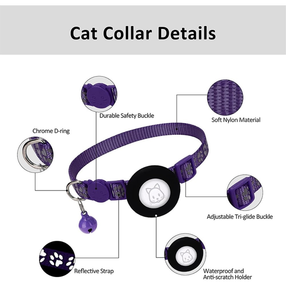 Apple AirTag Kattenhalsband reflecterande kattenpootjes paars