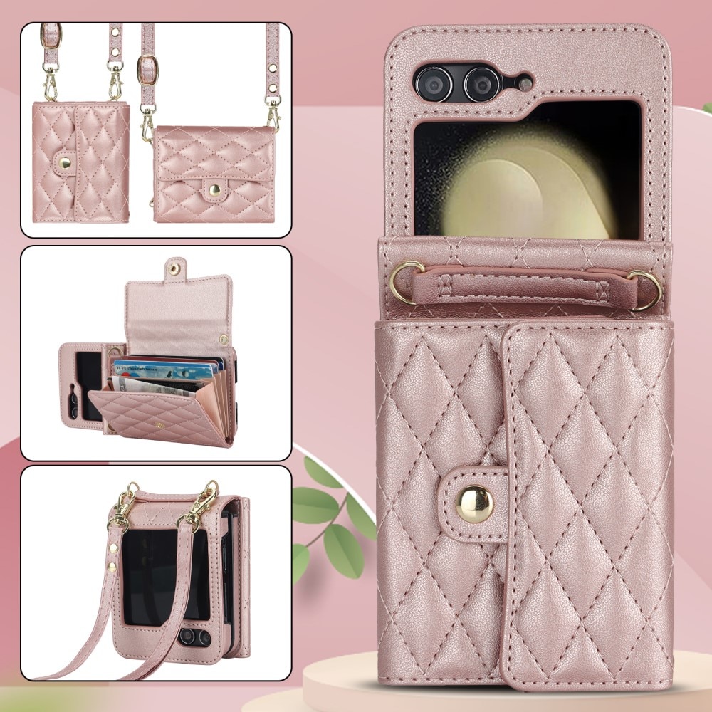 Samsung Galaxy Z Flip 6 RFID blocking Portemonnee tas Quilted rosé goud