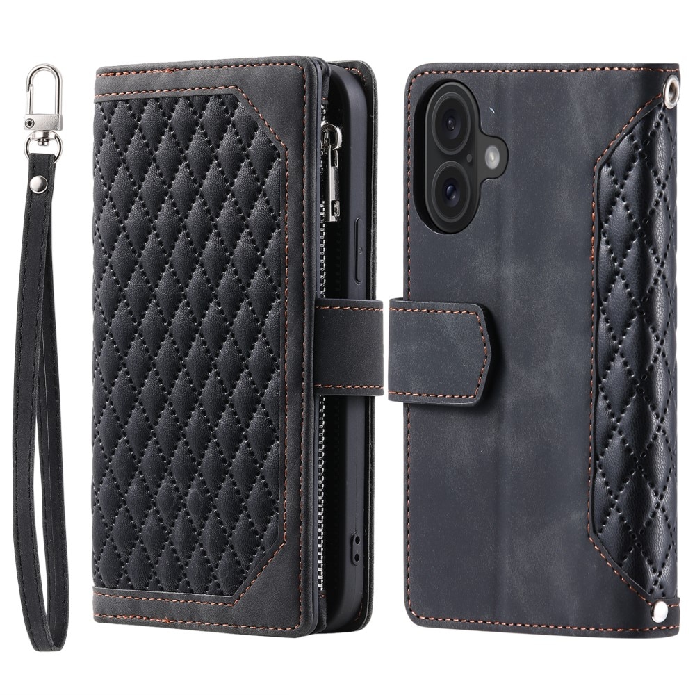 iPhone 16 Plus Portemonnee tas Quilted Zwart