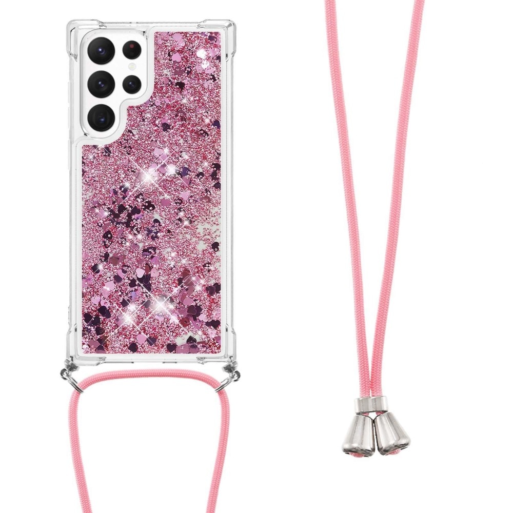 Samsung Galaxy S23 Ultra Glitter Powder TPU Hoesje Halsband roze