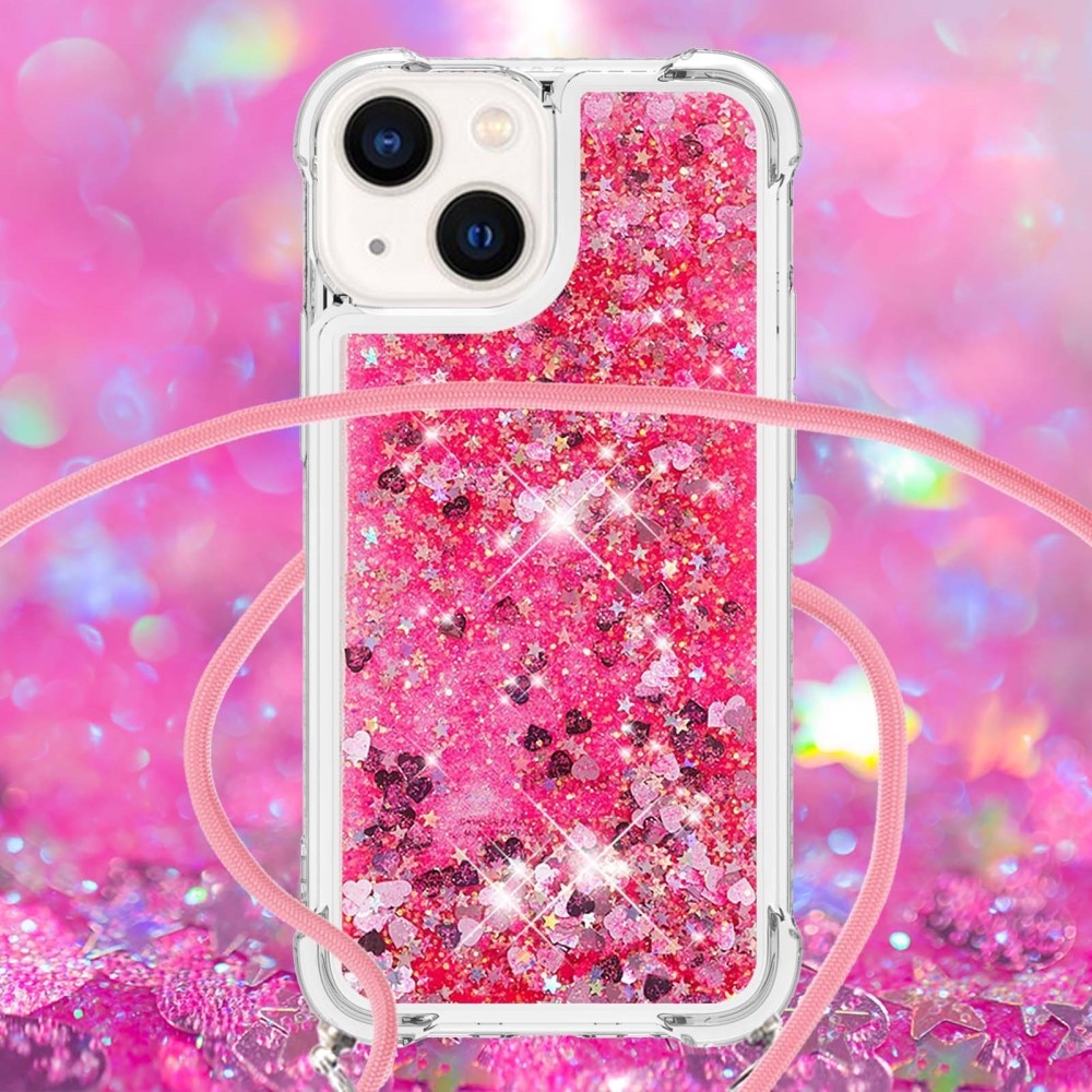 iPhone 15 Glitter Powder TPU Hoesje Halsband roze