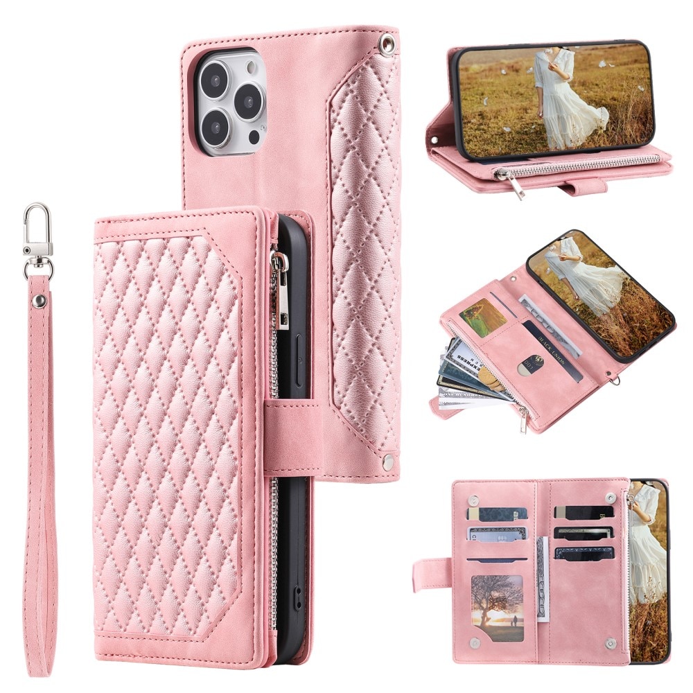 iPhone 15 Pro Portemonnee tas Quilted Roze