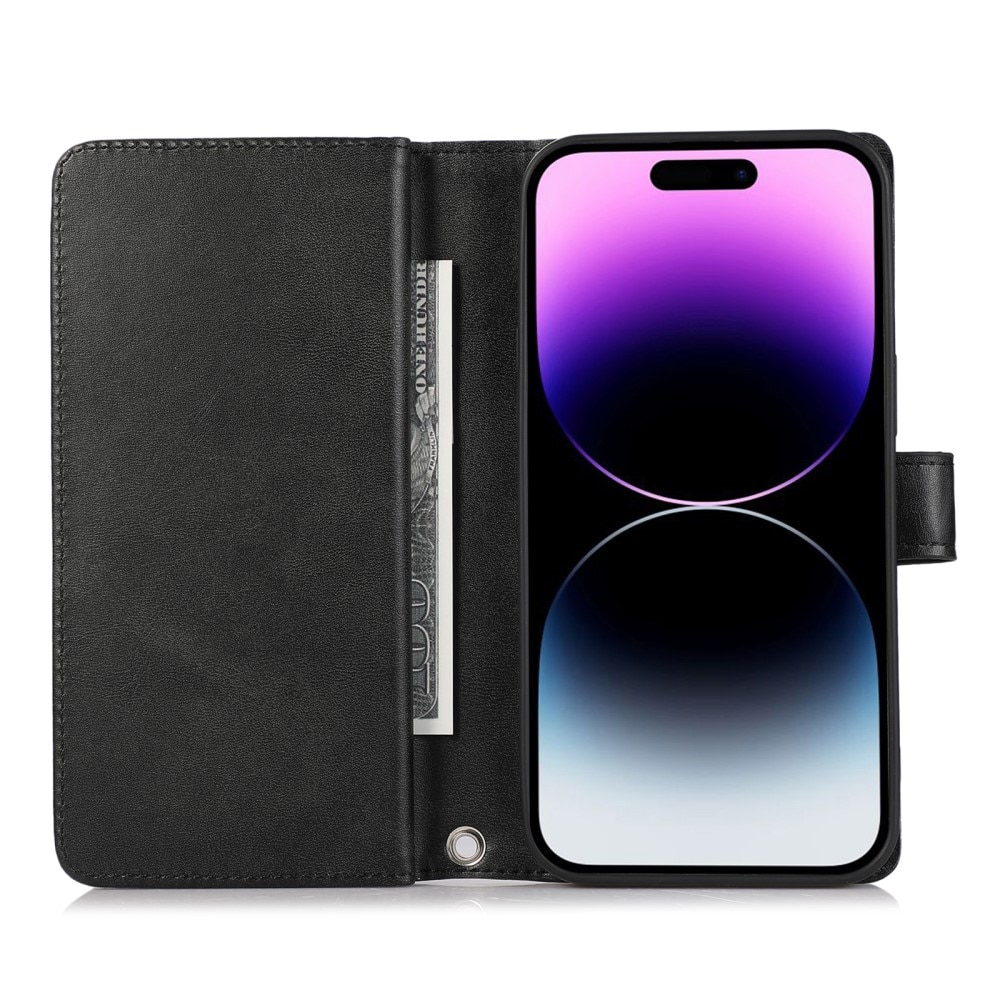 iPhone 15 Pro Leren Bookcover hoesje Multi-Slot Rits zwart