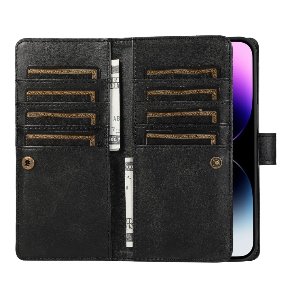 iPhone 15 Pro Leren Bookcover hoesje Multi-Slot Rits zwart