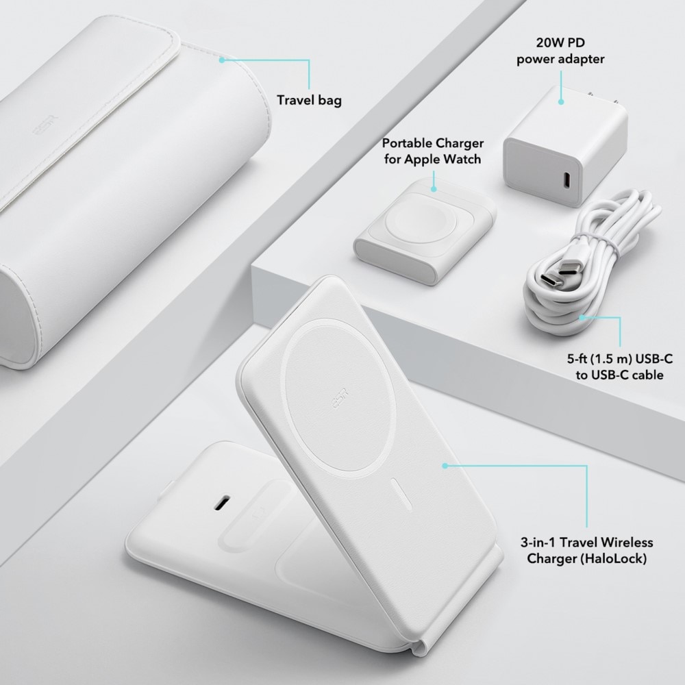 HaloLock Qi2 3-in-1 Draadloze Oplaadset voor op Reis met Tas wit