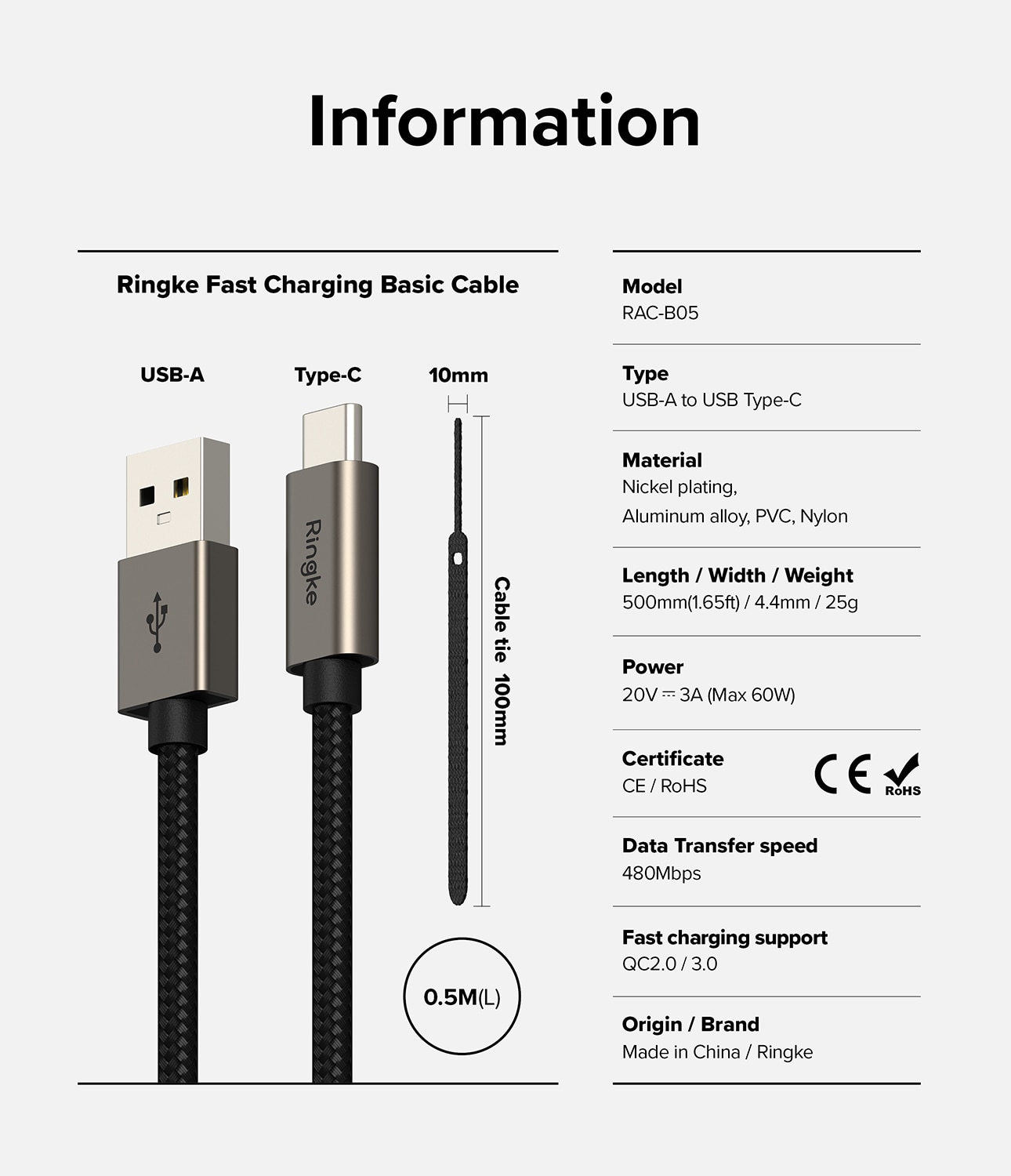 Fast Charging Basic Kabel USB-A -> USB-C 0,5m zwart