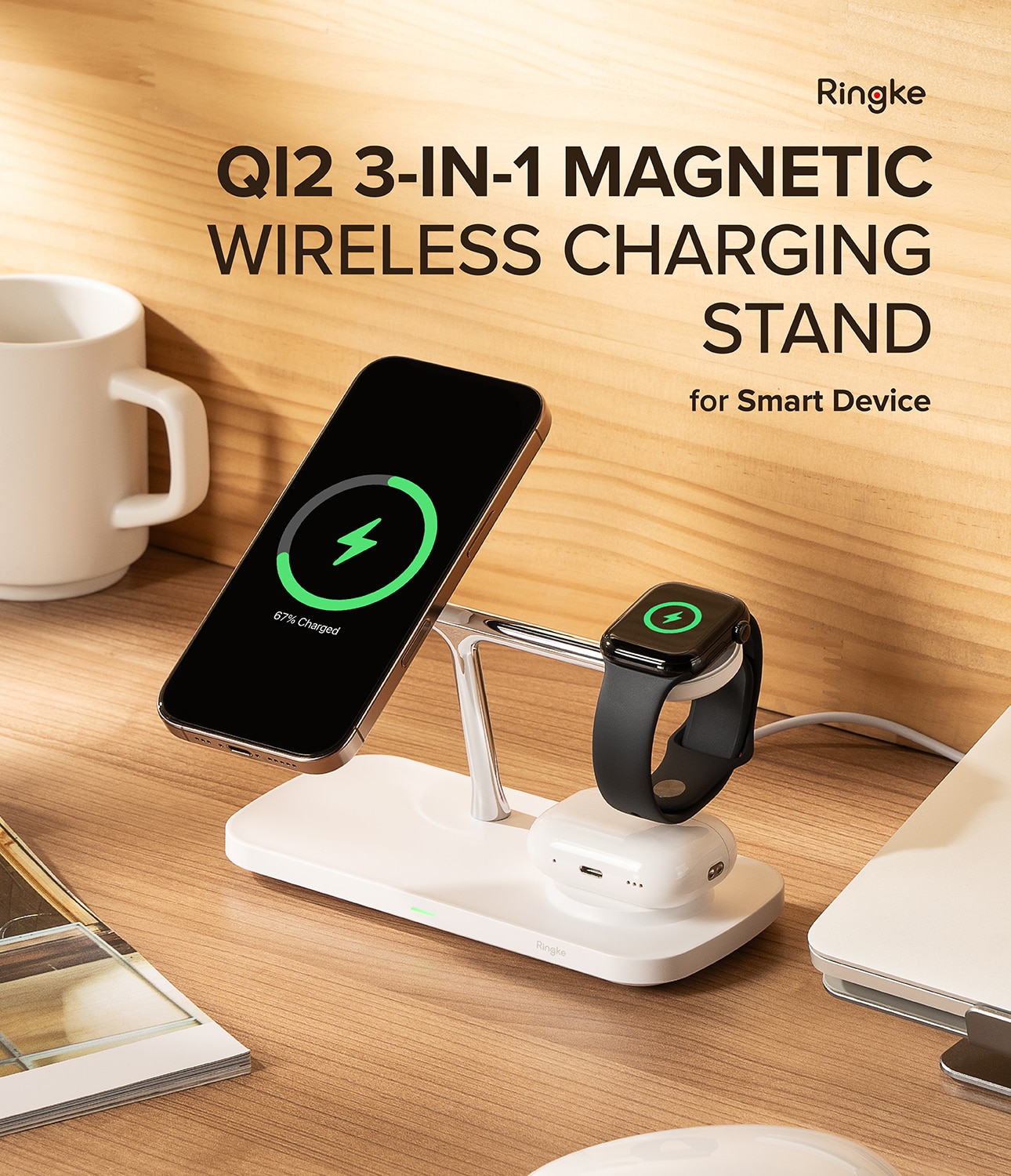 3-in-1 Wireless Charger Stand Qi2 MagSafe wit